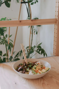 Close-up of food served on table