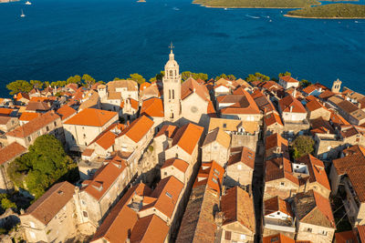 High angle view of buildings in city