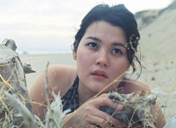 Close-up portrait of young woman on beach
