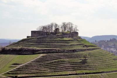 Built structure on field against sky