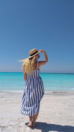 Rear view of woman on beach against clear sky