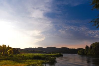 Scenic view of lake against sky during sunset