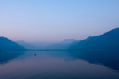 Scenic view of lake by mountains against sky