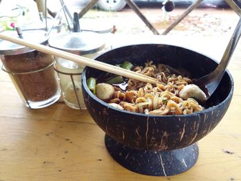 High angle view of food in bowl on table