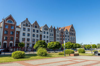 Trees and buildings against clear blue sky