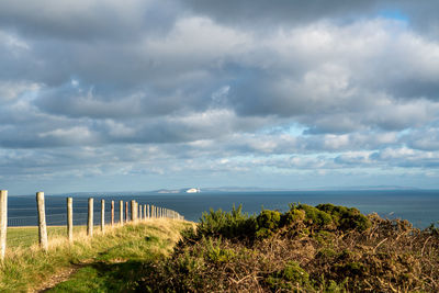 Scenic view of the needles on the isle of wight from the south coast path on an overcast day