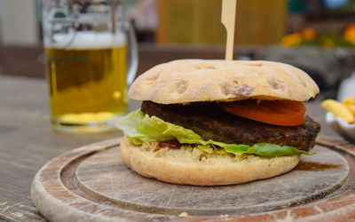 Close-up of burger on table