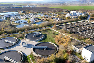 High angle view of sewage plant in city