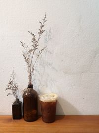 Potted plant on table against wall