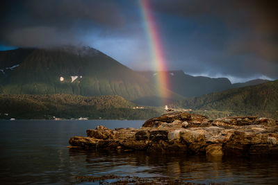 Scenic view of rainbow over lake and mountains against sky