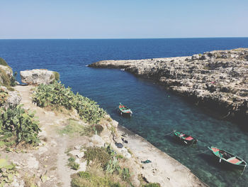 High angle view of sea against clear sky