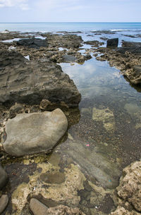 Close-up of rocks on shore against sky