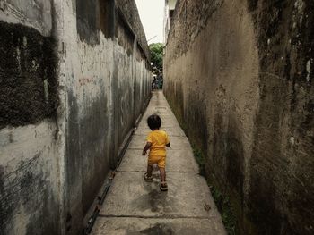 The back view of the little boy walking on the path in the middle of the wall