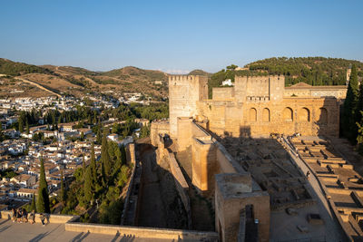 Aerial view of the city with historic center of granada with some part of alcazaba castle.