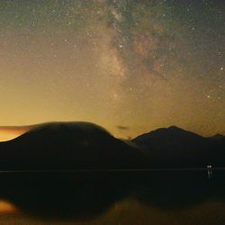Scenic view of mountains against sky at night