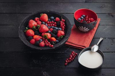 High angle view of strawberries in bowl on table