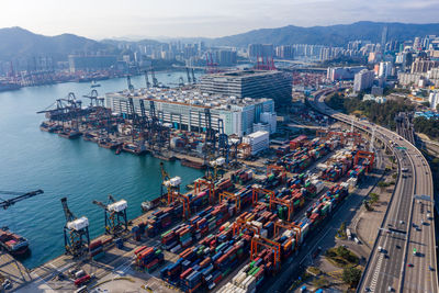 High angle view of cityscape at harbor