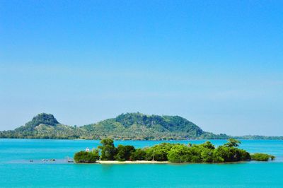 Scenic view of sea against clear blue sky in indonesia