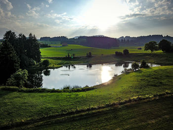 Scenic view of river by field against sky