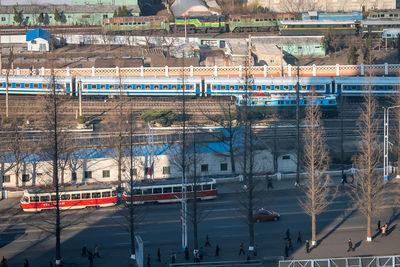 High angle view of building and transportation in city