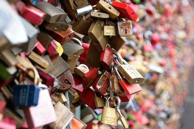 Close-up of padlocks hanging on railing