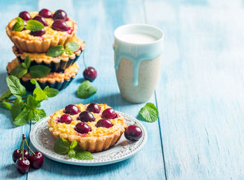 High angle view of breakfast served on table