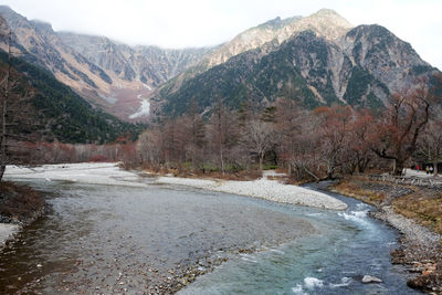 Scenic view of river amidst mountains against sky