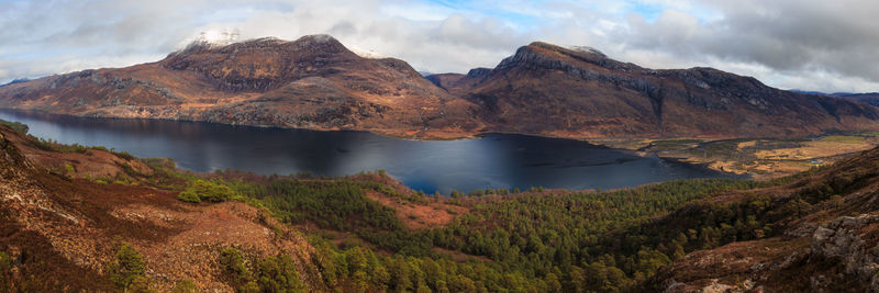 Scenic view of lake and mountains against sky