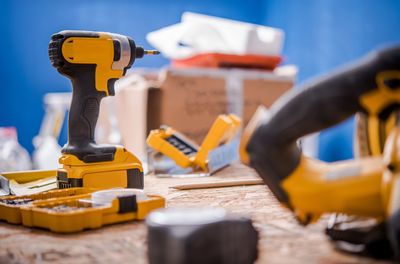 Close-up of work tools at construction site