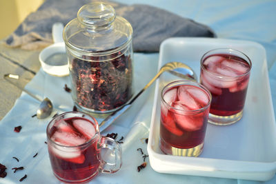 High angle view of drink in glass on table