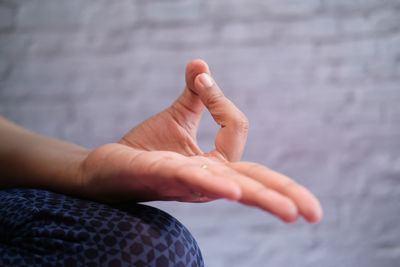 Young women meditating in lotus pose during yoga class in health club.