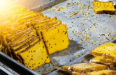 High angle view of meat on barbecue grill