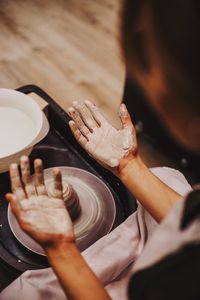 High angle view of people preparing food