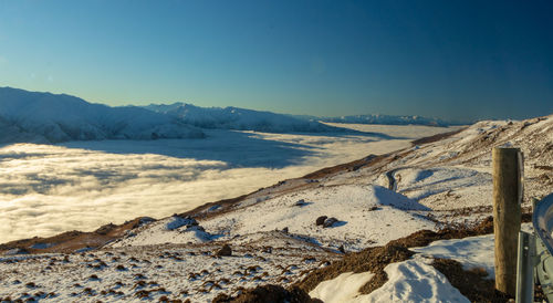 Scenic view of snowcapped mountains against blue sky