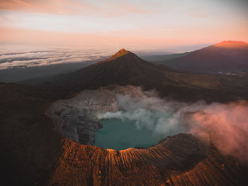 Volcanic landscape against sky during sunset