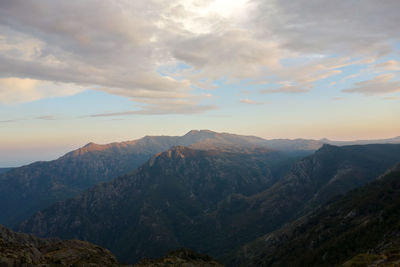 Scenic view of mountains against sky during sunset