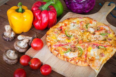 High angle view of pizza on table