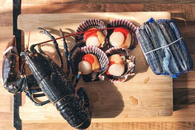 High angle view of eggs on wooden table