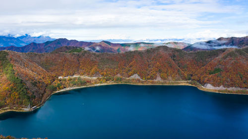 Scenic view of lake and mountains against sky