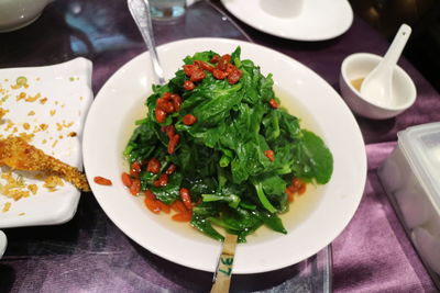 High angle view of food in plate on table