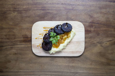 High angle view of food in plate on table