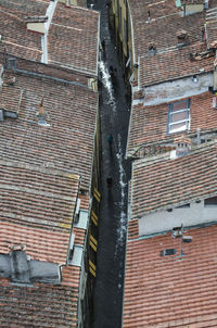 High angle view of wet footpath amidst buildings