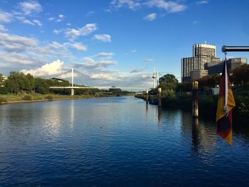 Scenic view of river against sky in city