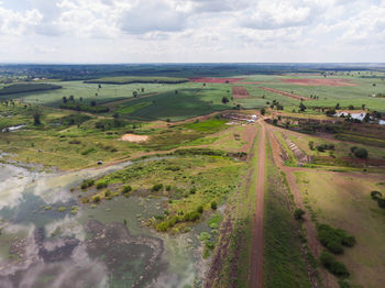 Drone shot aerial view scenic landscape of river reservoir dam and the forest