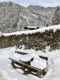 Snow covered landscape against mountain