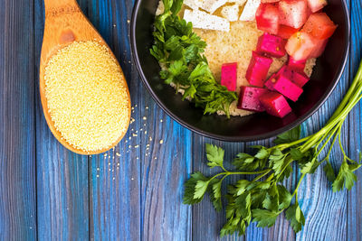 High angle view of food on table