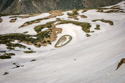 High angle view of people on snow covered land