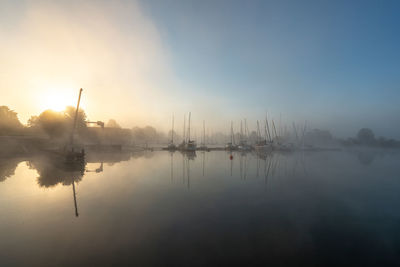 Sailboats in marina at sunset