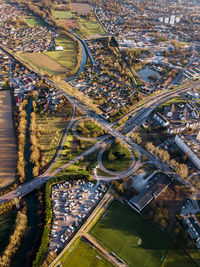 High angle view of road amidst buildings in city