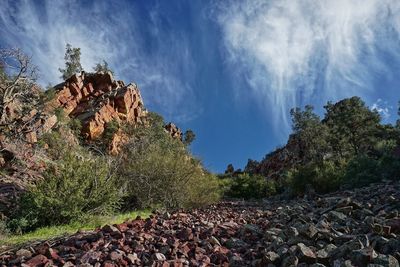 Panoramic view of rocks and trees against sky